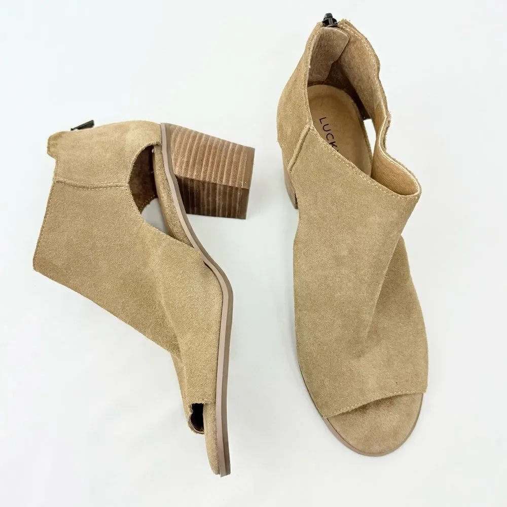 Lucky Brand KEIGHT Tan Suede Keyhole Open Toe Block Heel Ankle Sandal Bootie